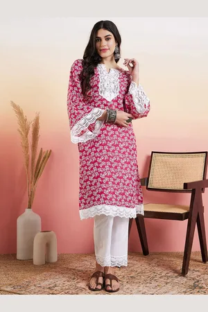 Floral Printed Thread Work Straight Kurta