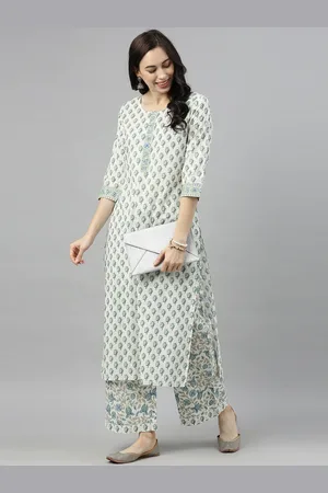 Women Off-White & Green Printed Kurta with Palazzos