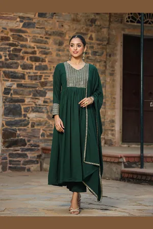 Green Yoke Design Sequinned Anarkali Kurta with Trousers & Dupatta