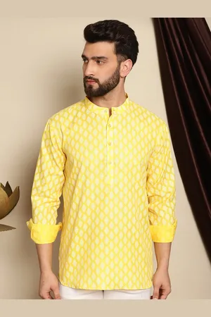 Yellow Floral Printed Cotton Linen Straight Short Kurta