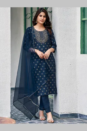 Ethnic Motifs Printed Thread Work Straight Kurta With Trousers & Dupatta