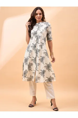 Floral Printed Mandarin Collar Thread Work Kurta