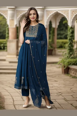 Women Teal Floral Yoke Design Zari & Sequinned Kurti with Trousers & With Dupatta