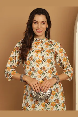 Floral Printed Sequinned Mandarin Collar A-Line Kurta
