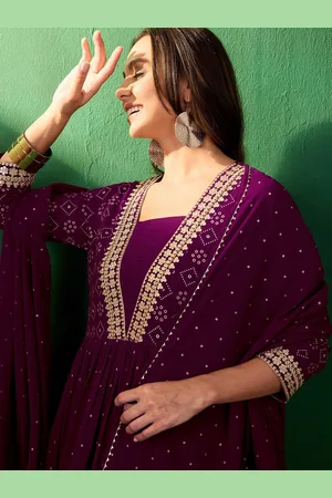 Bandahni Printed Embroidered Anarkali Kurta & Trousers With Dupatta