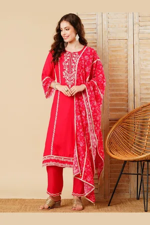 Floral Embroidered Kurta With Trousers & Dupatta