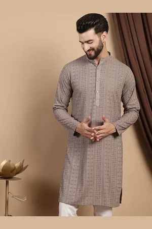 Floral Embroidered Thread Work Sequinned Mandarin Collar Pure Cotton Straight Kurta